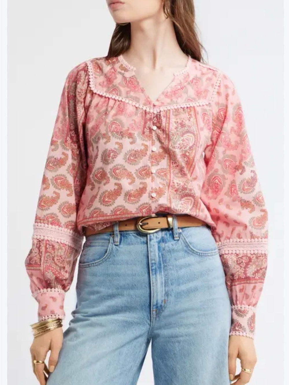 Treasure & Bond Pink Paisley Button-Front Peasant Blouse